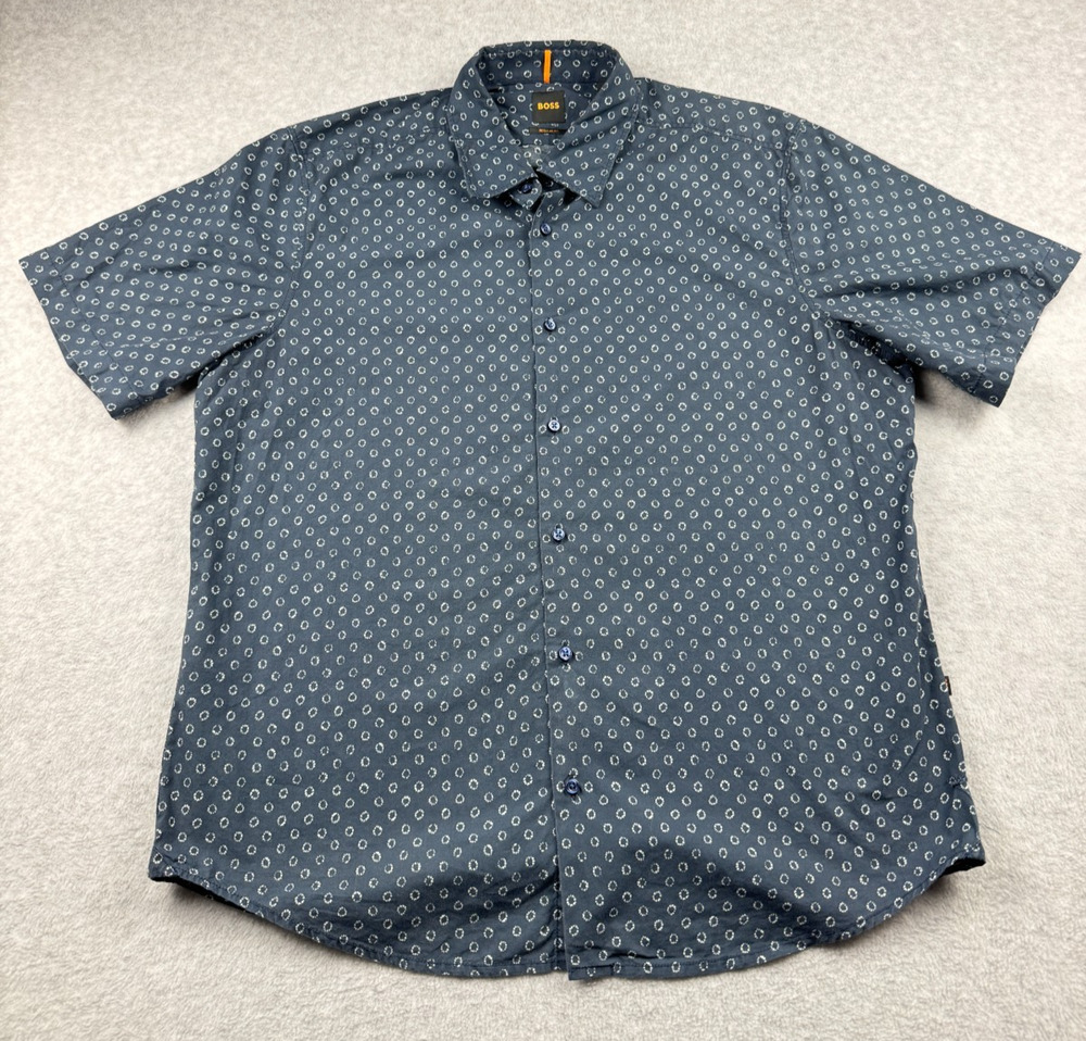 Hugo Boss Sharp Fit Blue Geometric Circle Shirt Mens XL Short Sleeve